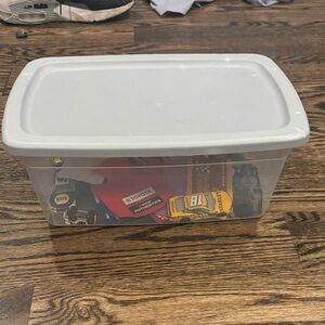 Clear Storage Bin with Toy Cars